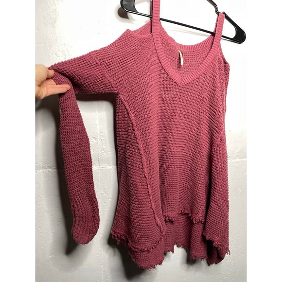 Free People Moonshine Cold Shoulder Waffle Knit Sweater Size XS Pink Red Rose - Picture 2 of 10